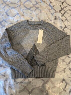 Goelia Gray Argyle Cable-Detail Crewneck Sweater with sequins